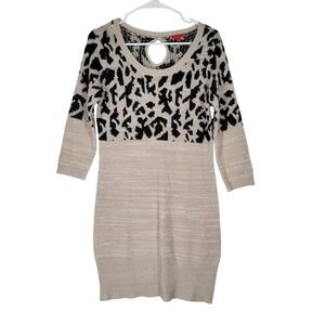 Liv Sweater Dress Leopard Print Keyhole Neck 3/4 Sleeve Knit Beige Black M